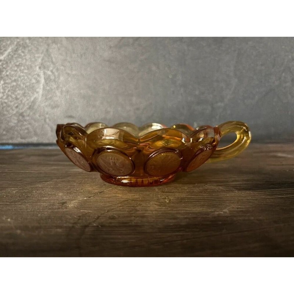 Vintage Amber Coin Press Glass Handled Bowl / Serving Dish